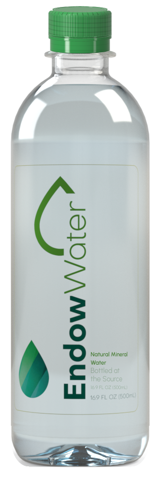 Endow Water bottle — Crayola green flat ribbed screw cap, Natural Mineral Water label