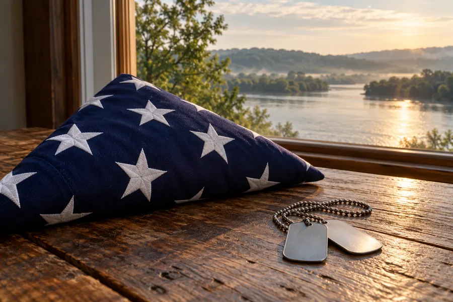 A folded American flag and a pair of plain dog tags rest on a wooden table by a window overlooking a river at sunrise.