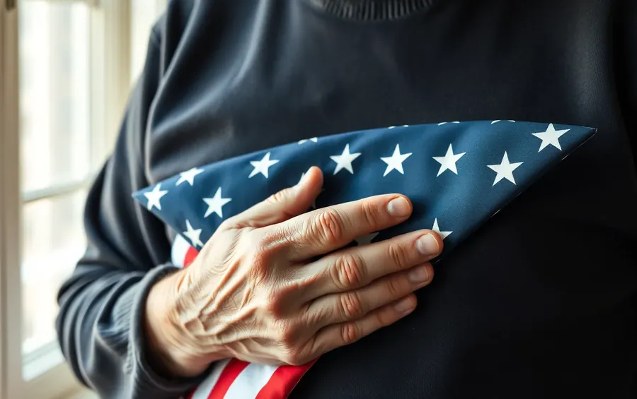 A veteran’s weathered hands resting on a neatly folded American flag in soft window light.