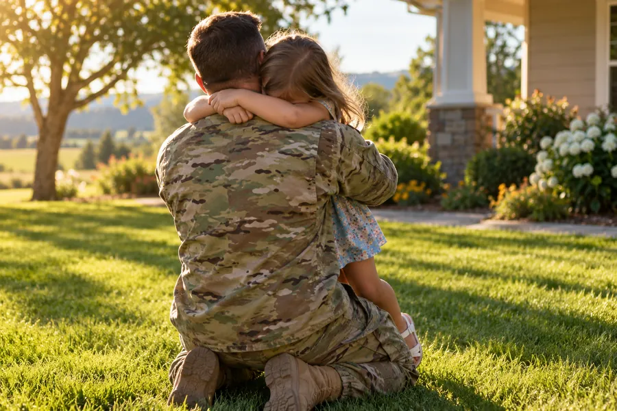 A service member in uniform, seen from behind, kneels on a sunlit front lawn to hug a young child at homecoming.