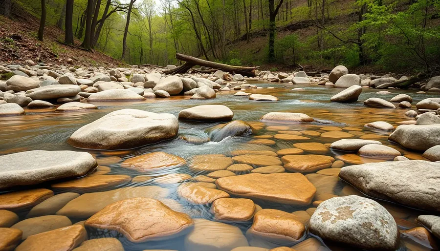 A clear, spring-fed Ozarks stream flowing over smooth rounded stones beneath hardwood forest.