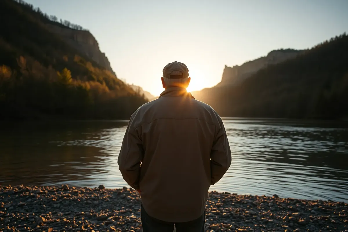 An older veteran, seen from behind in silhouette, stands quietly beside an Ozarks river at golden hour.